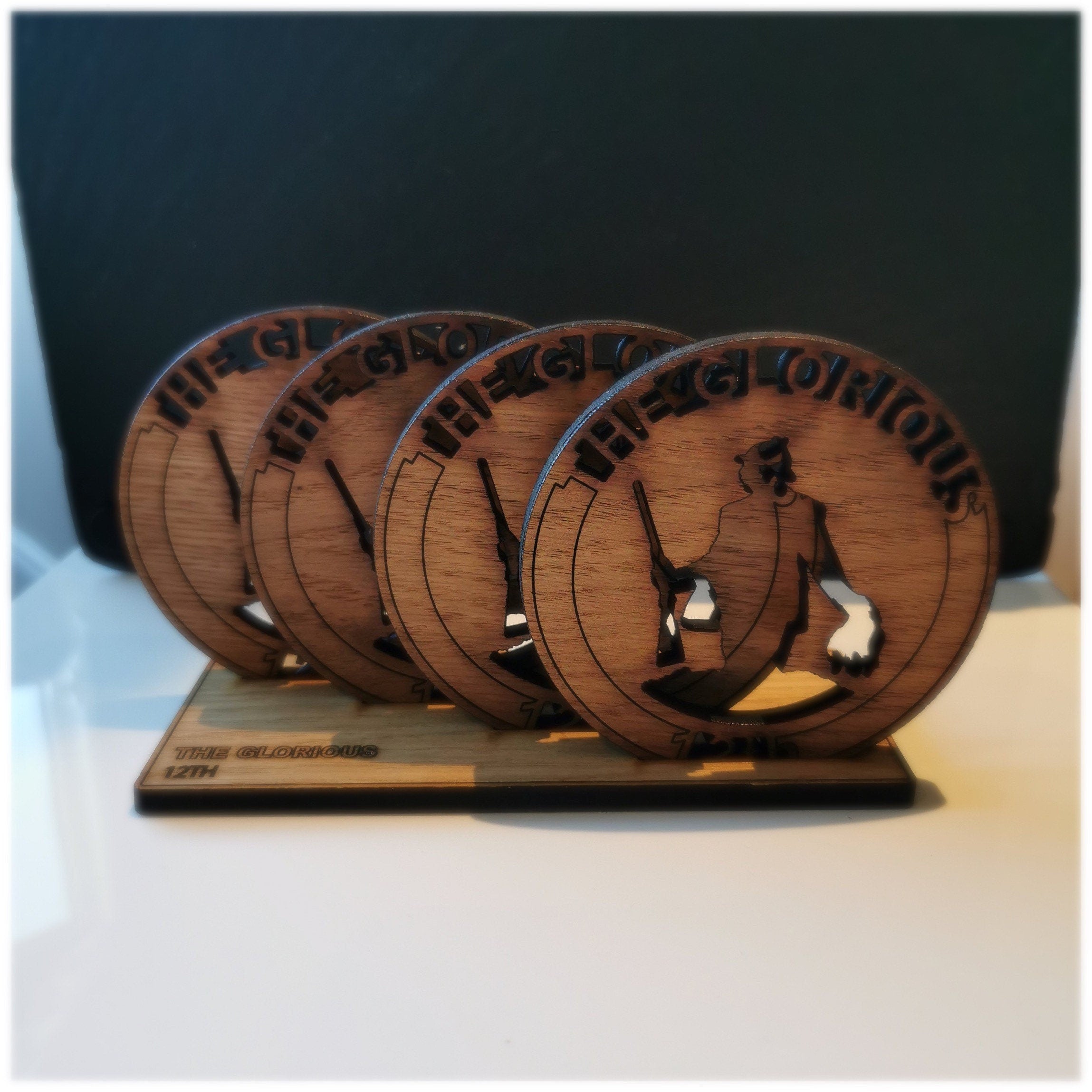 The Glorious 12th Oak Veneered Hunting Shooting Coasters with Holder