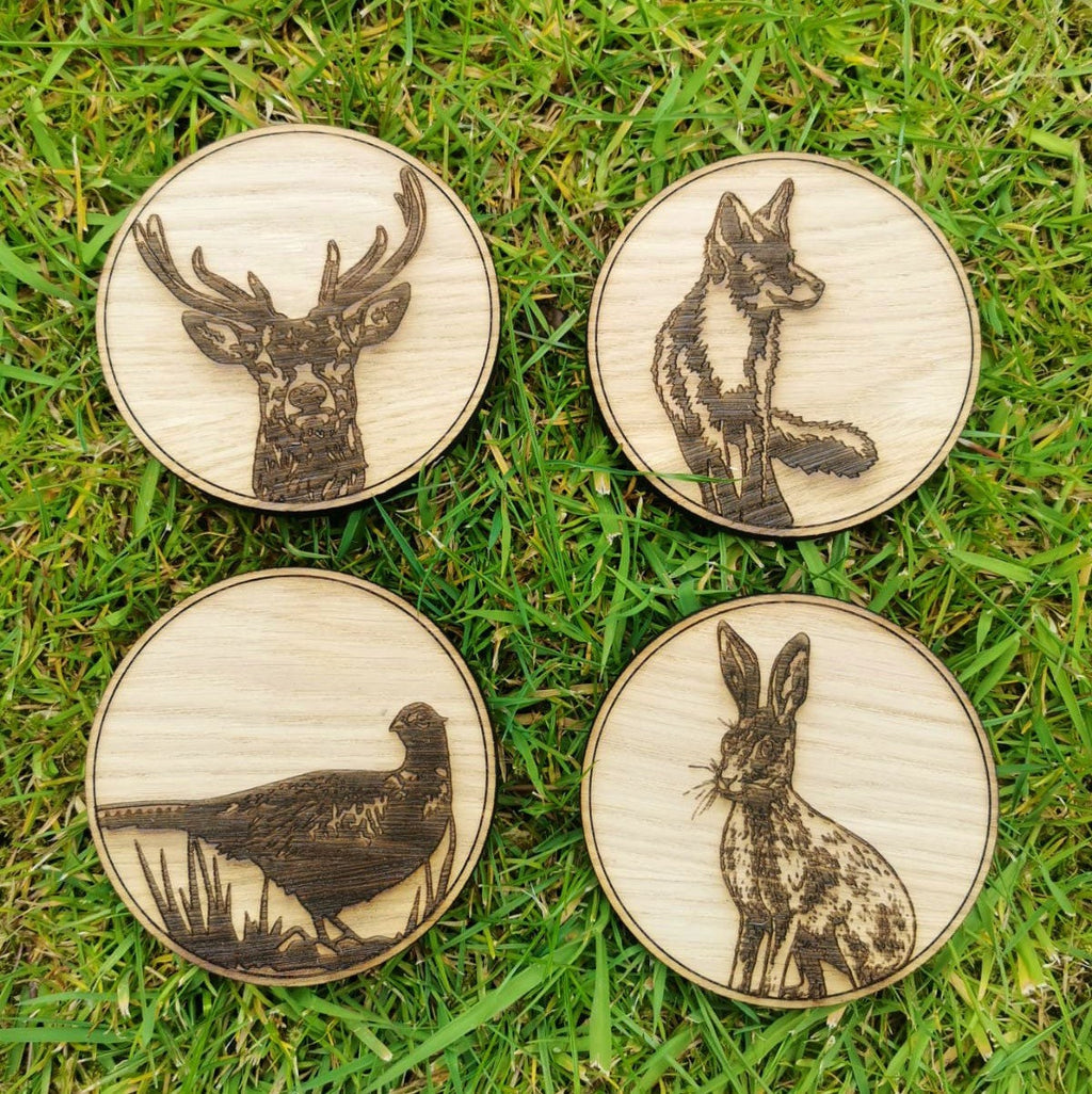 Country Wildlife Rustic Coaster Gift Set 4 piece - Stag, Hare, Fox & Pheasant