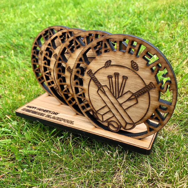 Personalised Cricket Drink Coasters + Holder Oak Sporting Gift