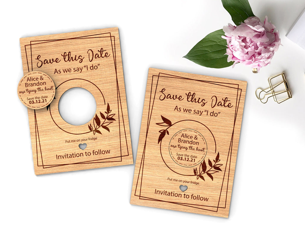Personalised Save The Date Round Magnet with Card , Wedding Invitation, Wood Save The Date Magnet