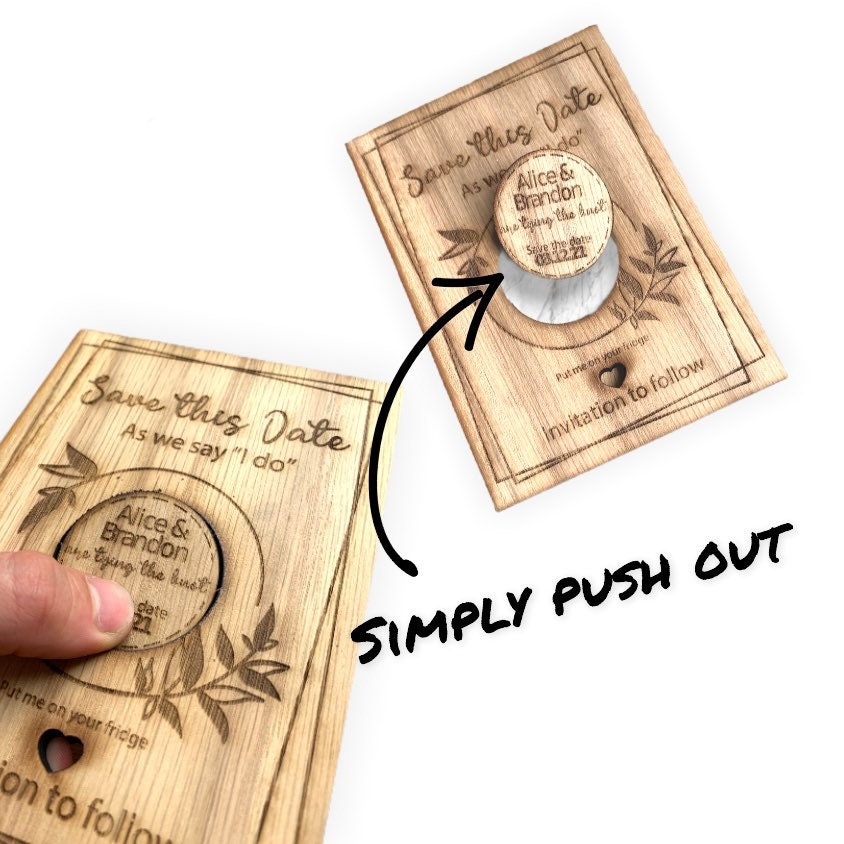 Personalised Save The Date Round Magnet with Card , Wedding Invitation, Wood Save The Date Magnet