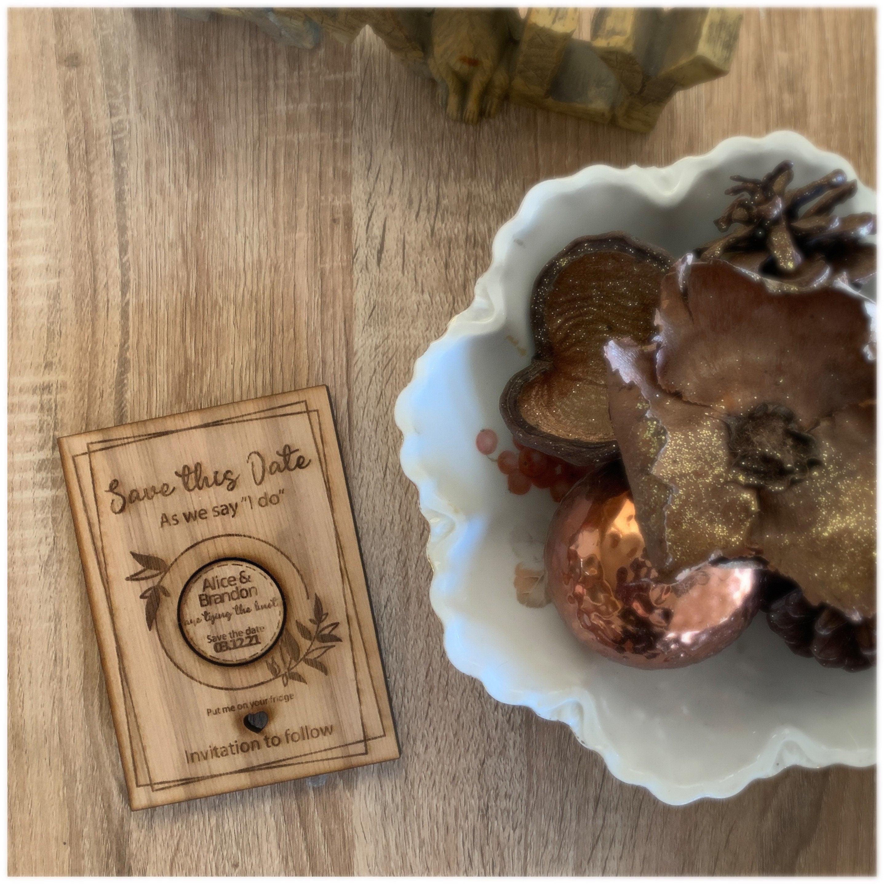 Personalised Save The Date Round Magnet with Card , Wedding Invitation, Wood Save The Date Magnet