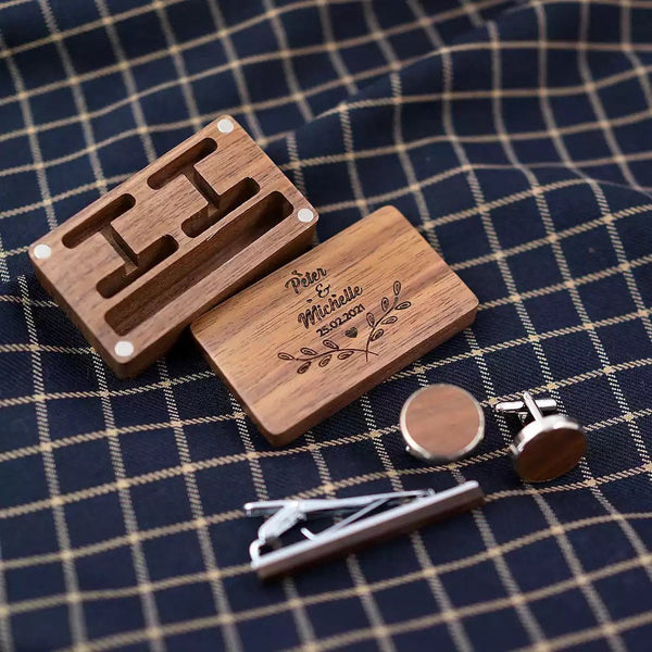 Personalised Wood Cufflinks + Tie Clip - Customised Wooden Storage Box Personalised Gifts for Him Gift for Him