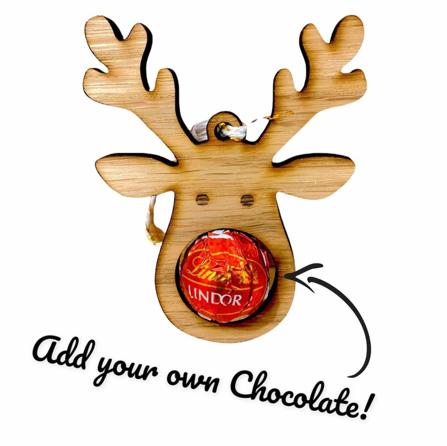 Lindor Christmas Baubles, Four Oak Reindeer Decorations with Chocolate cut out Ferrero/Lindor