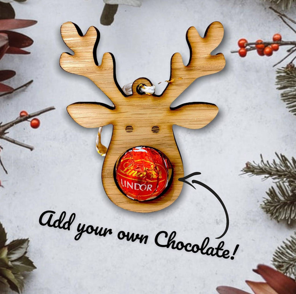 Lindor Christmas Baubles, Four Oak Reindeer Decorations with Chocolate cut out Ferrero/Lindor