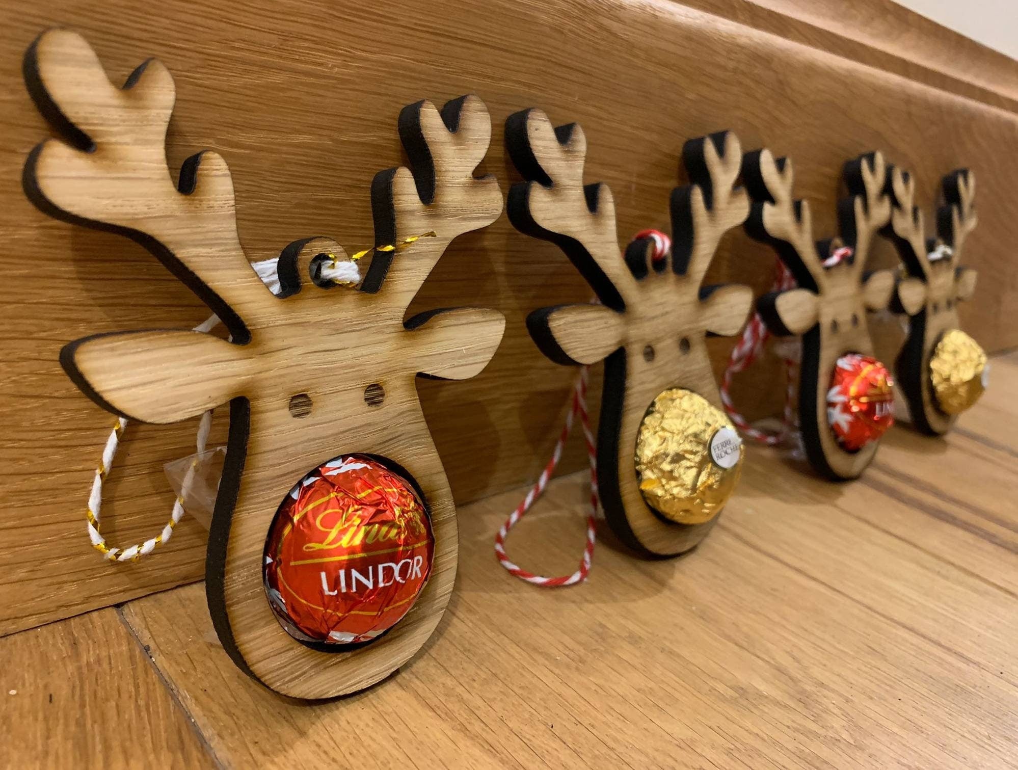 Lindor Christmas Baubles | Oak/Walnut Reindeer Rudolph Decorations | Chocolate cut out for Ferrero Rocher and Lindor/Lindt