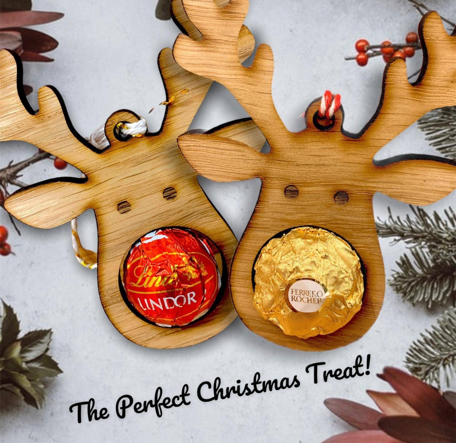 Lindor Christmas Baubles, Four Oak Reindeer Decorations with Chocolate cut out Ferrero/Lindor