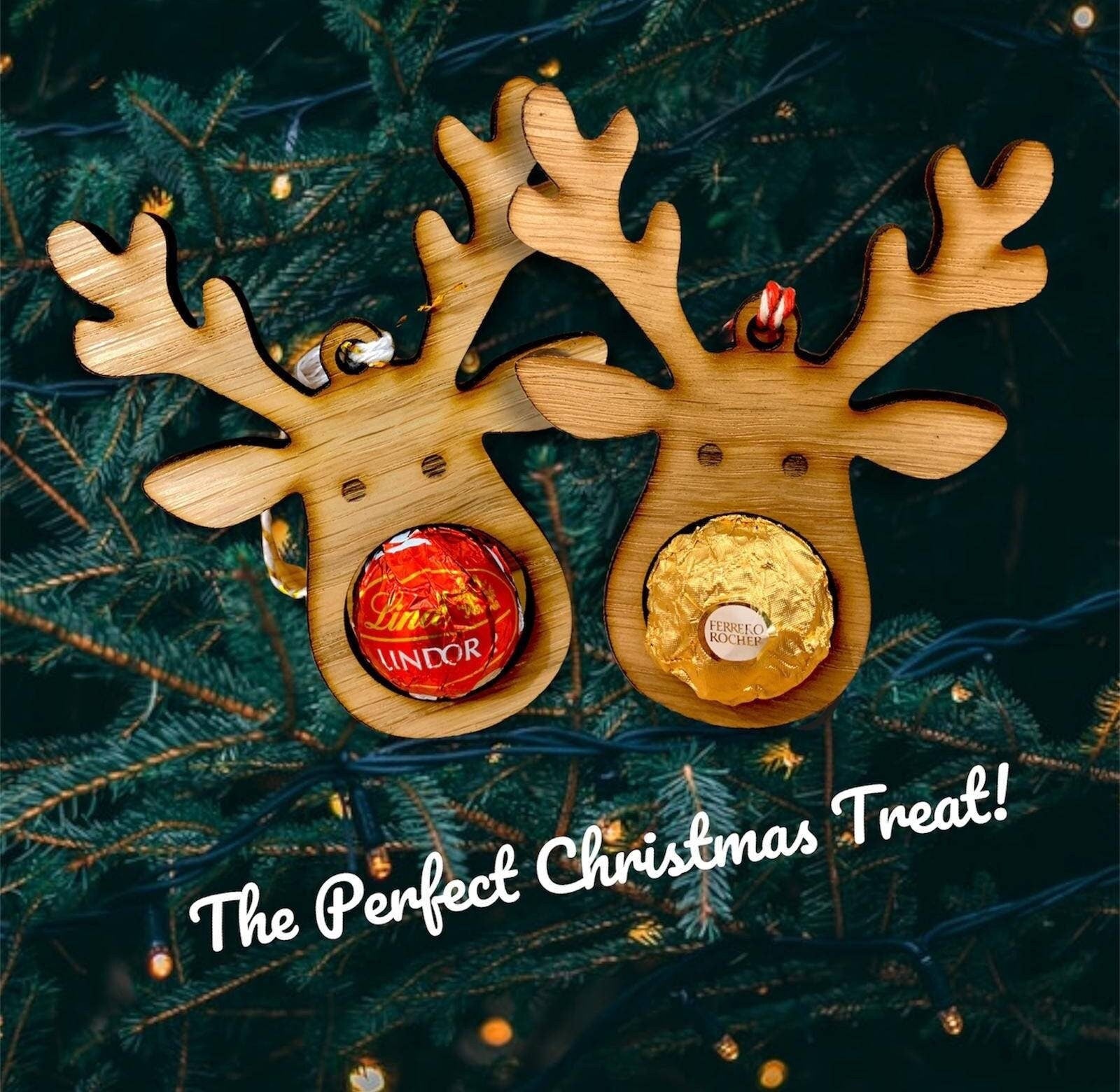 Lindor Christmas Baubles, Four Oak Reindeer Decorations with Chocolate cut out Ferrero/Lindor