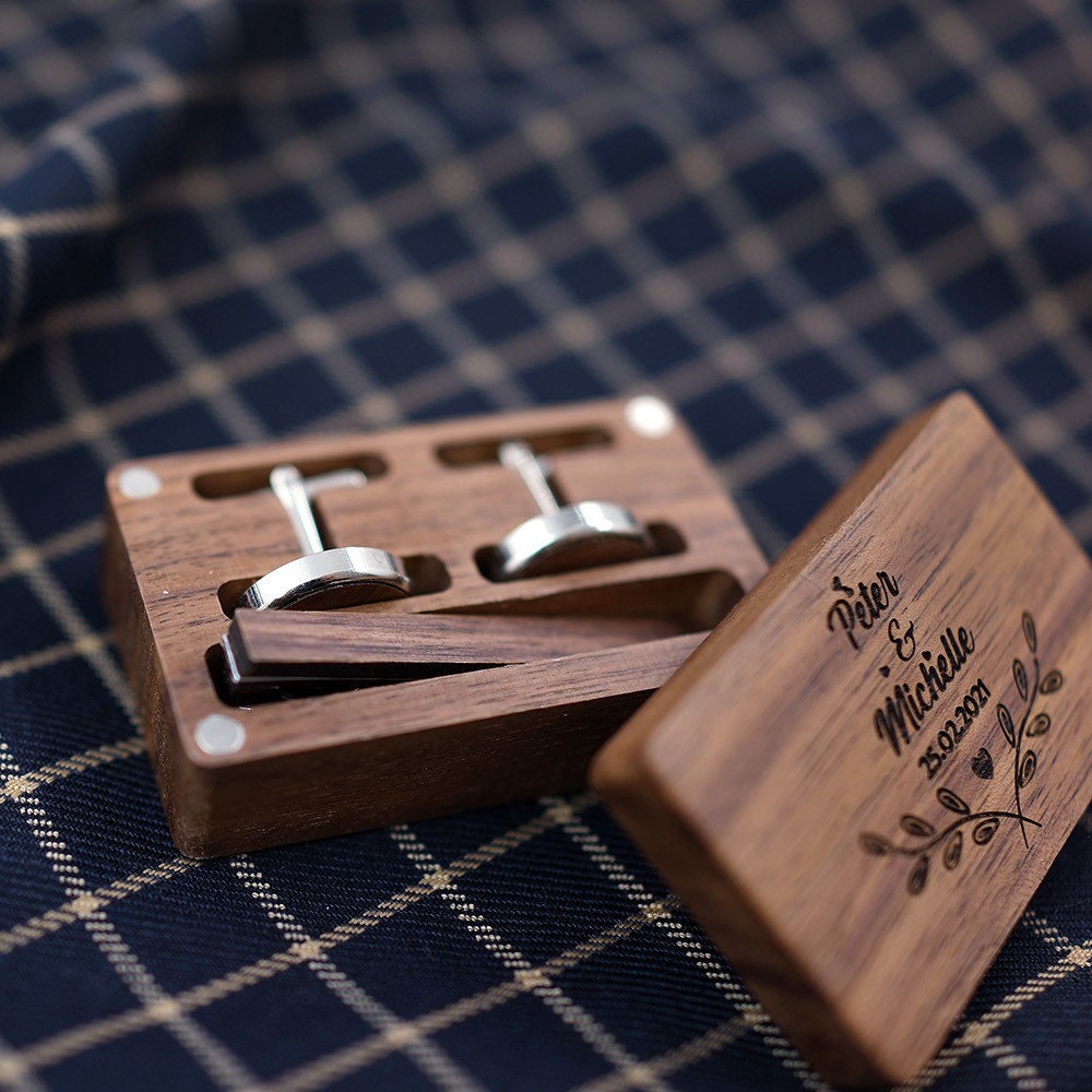 Personalised Wood Cufflinks + Tie Clip - Customised Wooden Storage Box Personalised Gifts for Him Gift for Him