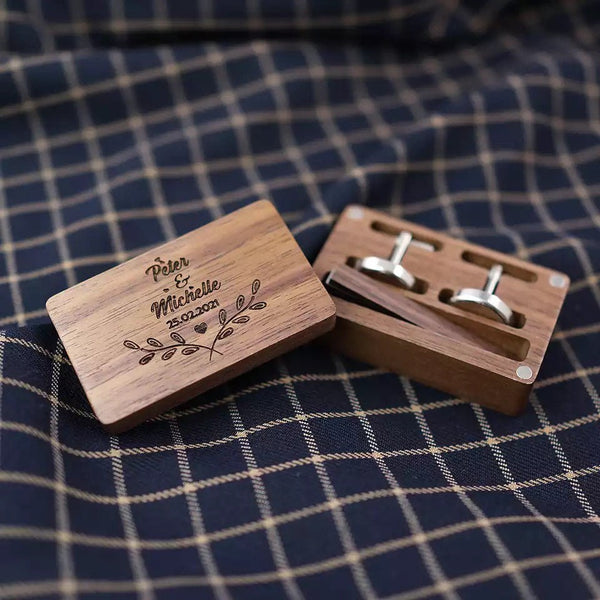 Personalised Wood Cufflinks + Tie Clip - Customised Wooden Storage Box Personalised Gifts for Him Gift for Him