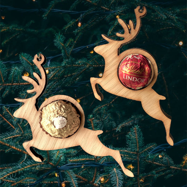 Lindor Christmas Baubles, Oak Reindeer Tree Decorations with Chocolate cut out Ferrero/Lindt