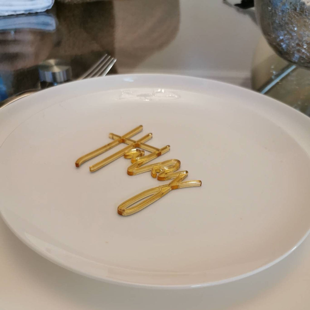 Place Setting Plate Personalised Words Family Dinner Wedding Gold Laser cut Names Guest Wedding Names Gold Acrylic Names Wood Gifts